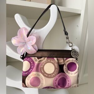 Vintage Y2K COACH Op Print Classic Sateen Leather Wristlet Purple Cream Bronze